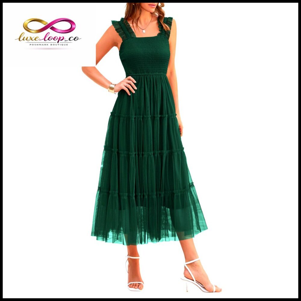 Summer Tulle Midi Dress Sleeveless Smocked Ruffle Flowy Mesh Wedding Guest